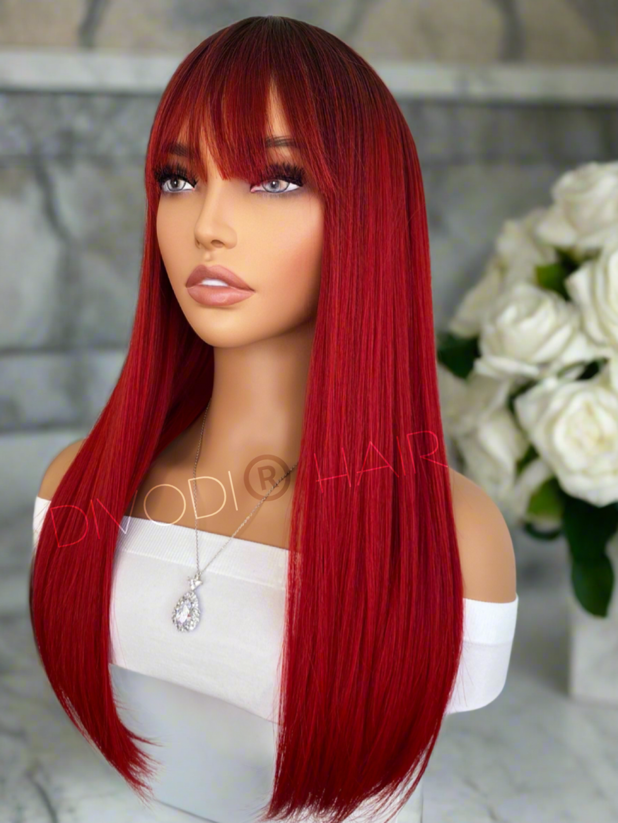 Alexia-Red-with Bangs-Non-Lace Wig