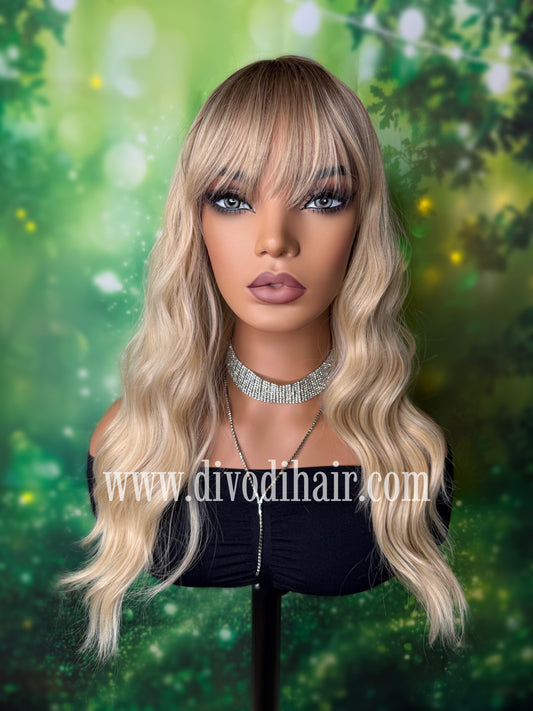 Ombre Blonde Wavy Wig with Bangs-DH340