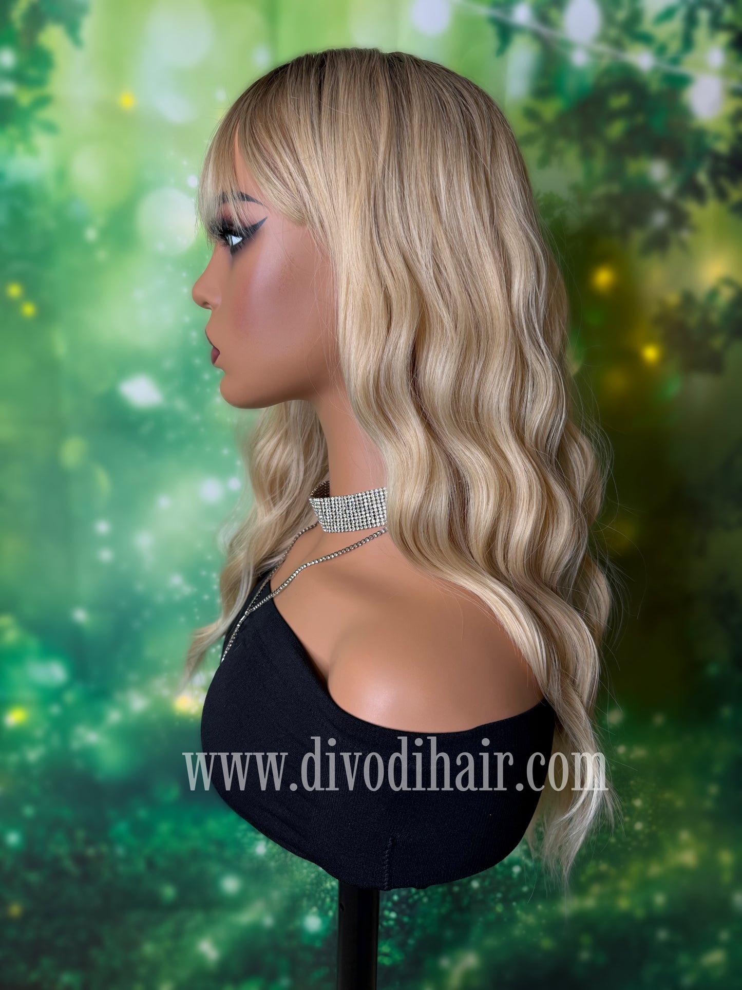 Ombre Blonde Wavy Wig with Bangs-DH340