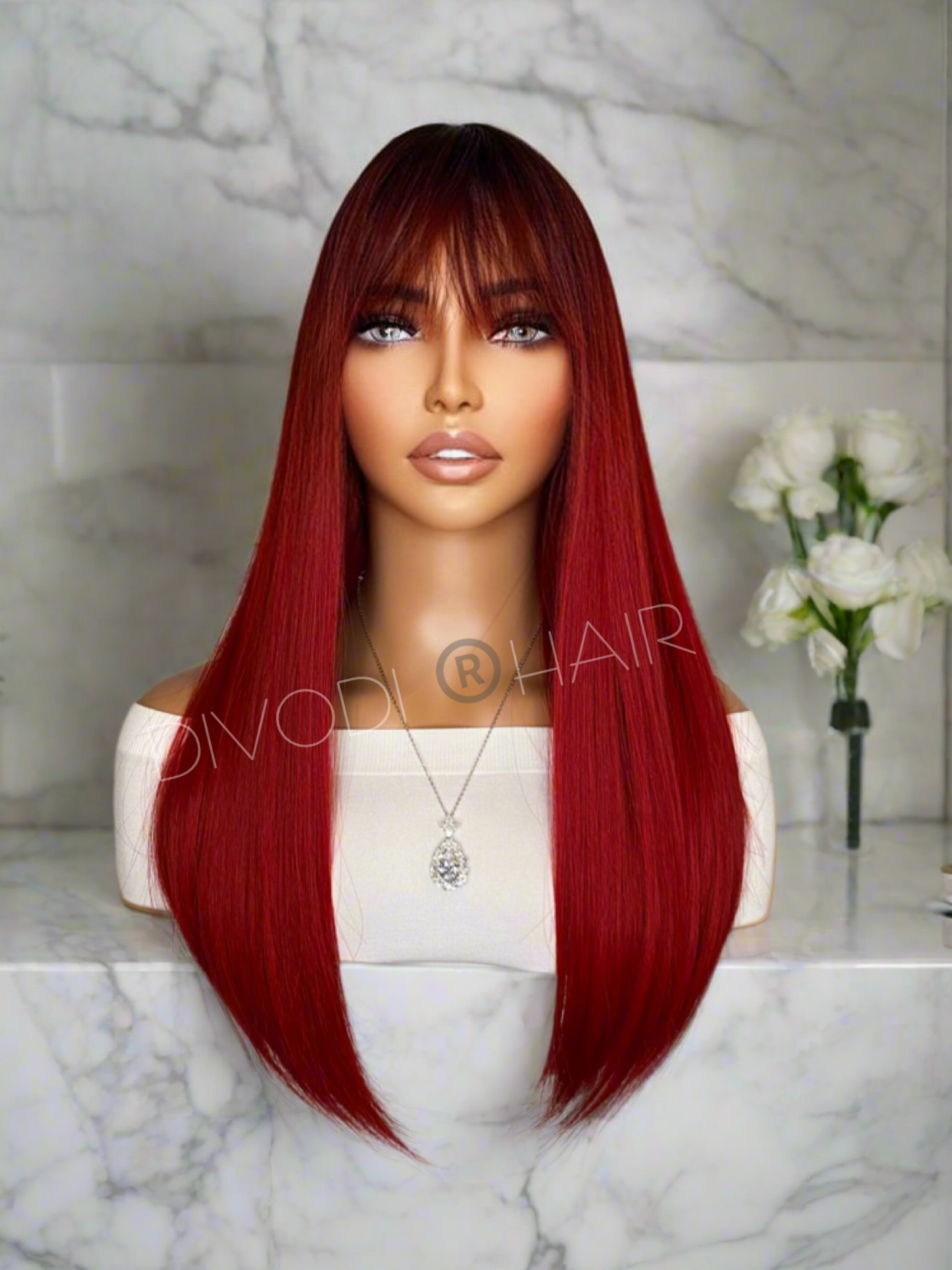 Alexia-Red-with Bangs-Non-Lace Wig