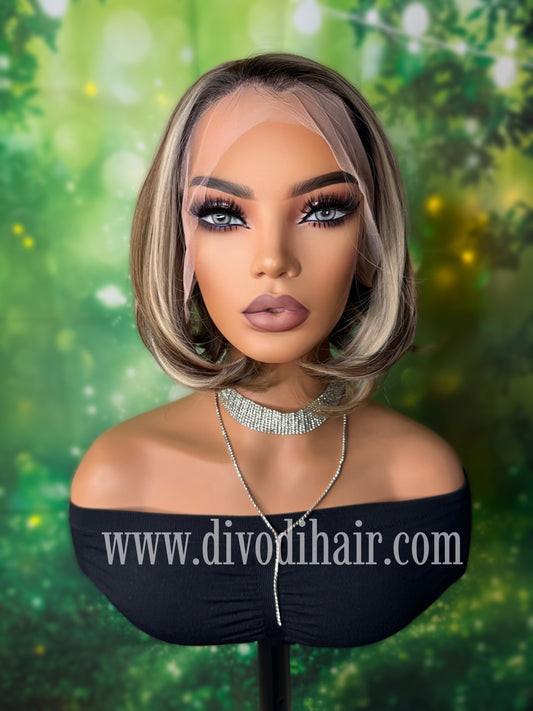 Rooted Brown Wig & Highlights – Heat Resistant Synthetic Fiber-DH342