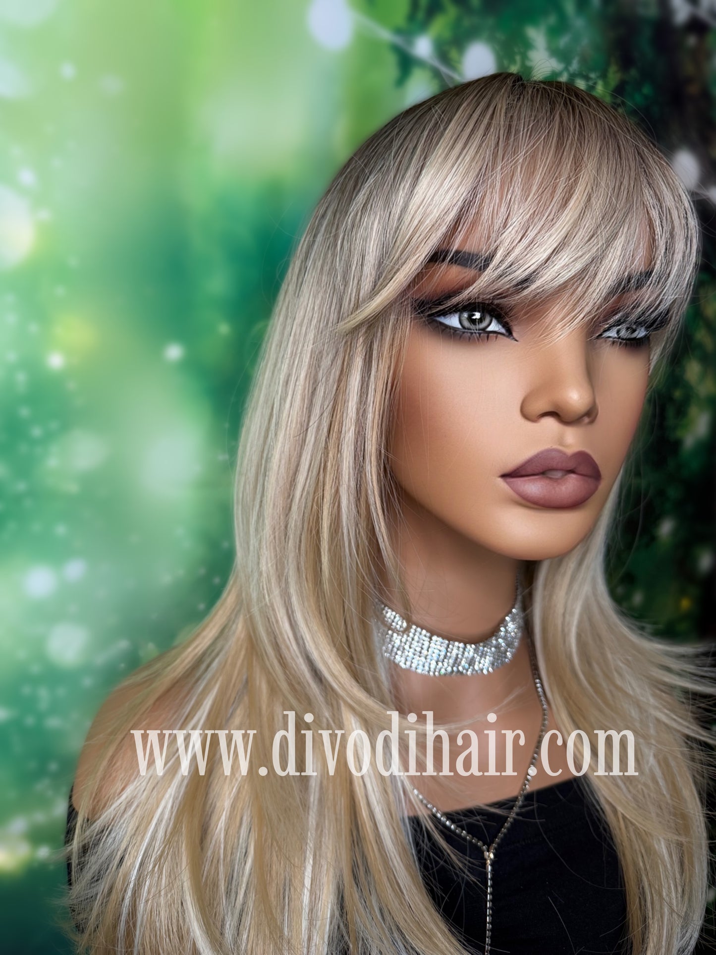 Ombre Blonde Wig with Bangs-DH341