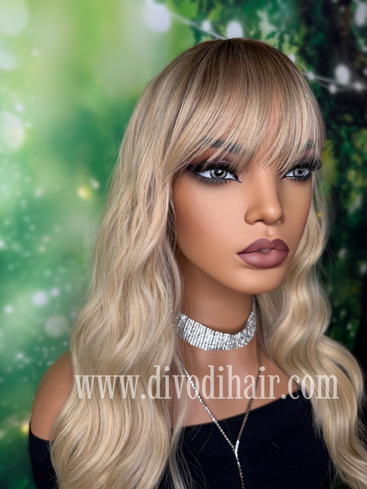 Ombre Blonde Wavy Wig with Bangs-DH340