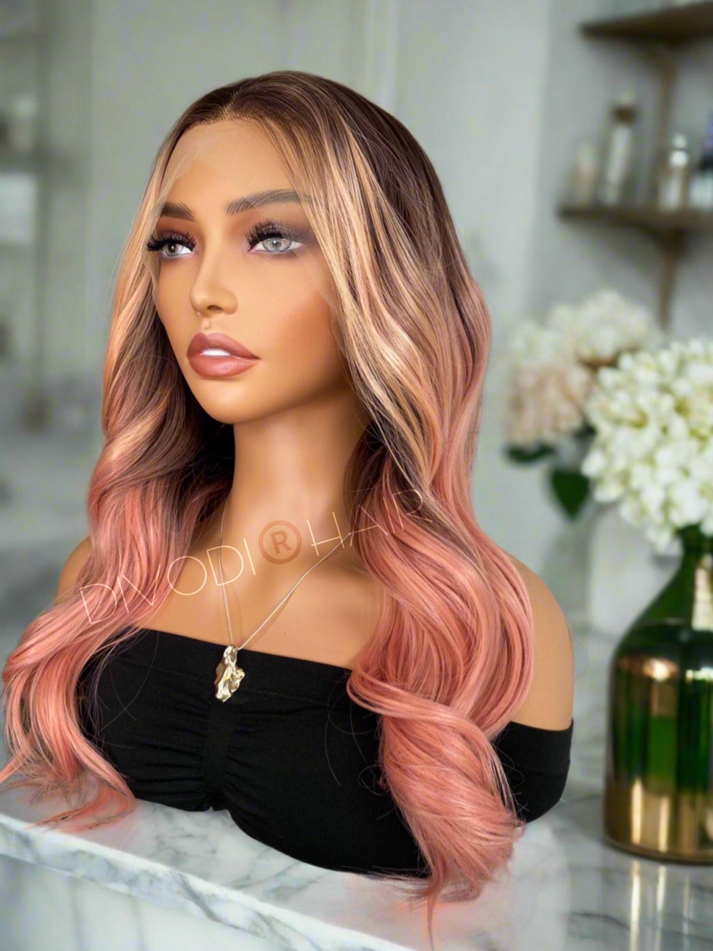 Coralie-Ombre Coral Pink/Brown Blend Futura Fiber (13x4) Lace Front Wig