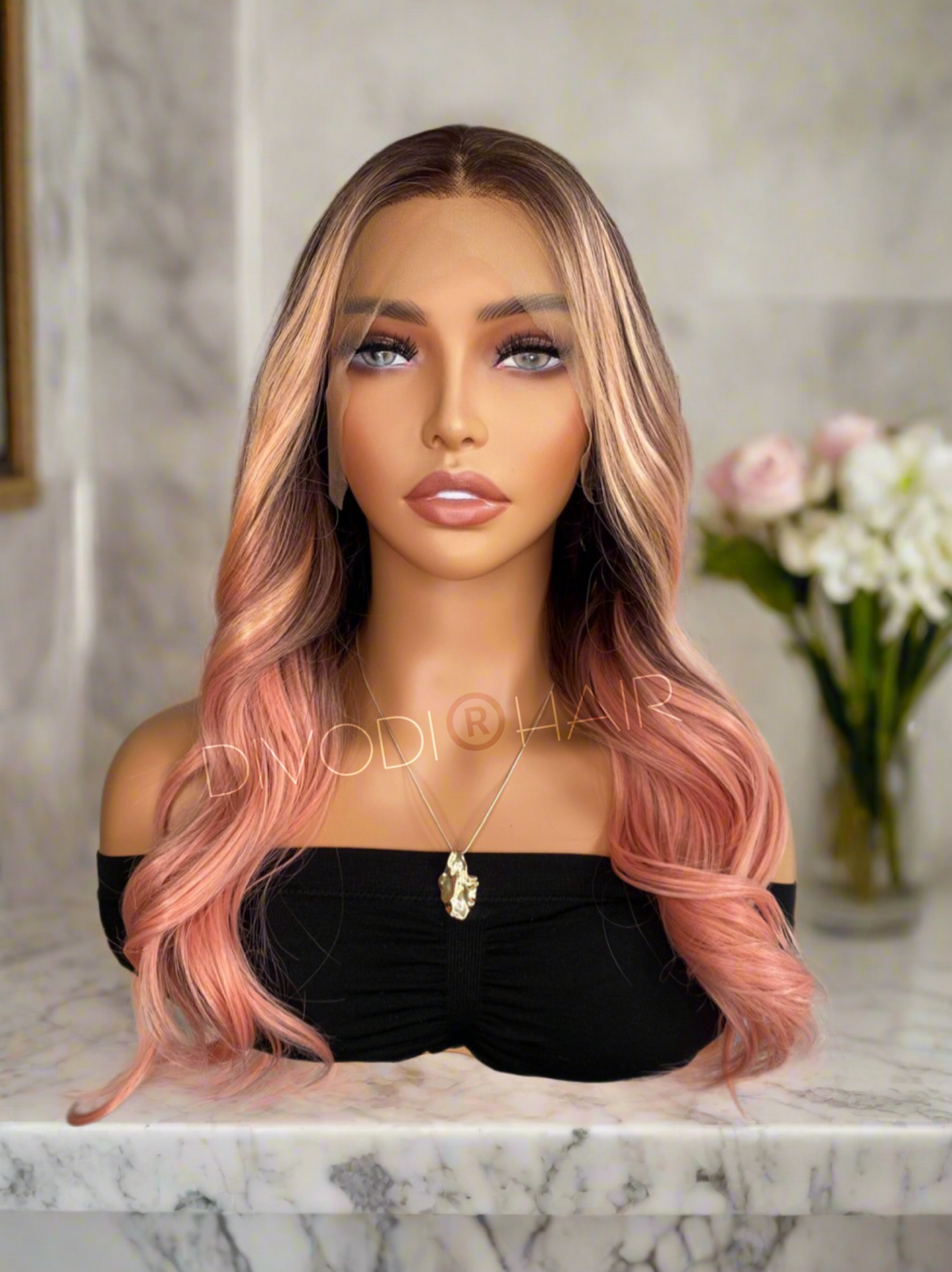 Coralie-Ombre Coral Pink/Brown Blend Futura Fiber (13x4) Lace Front Wig