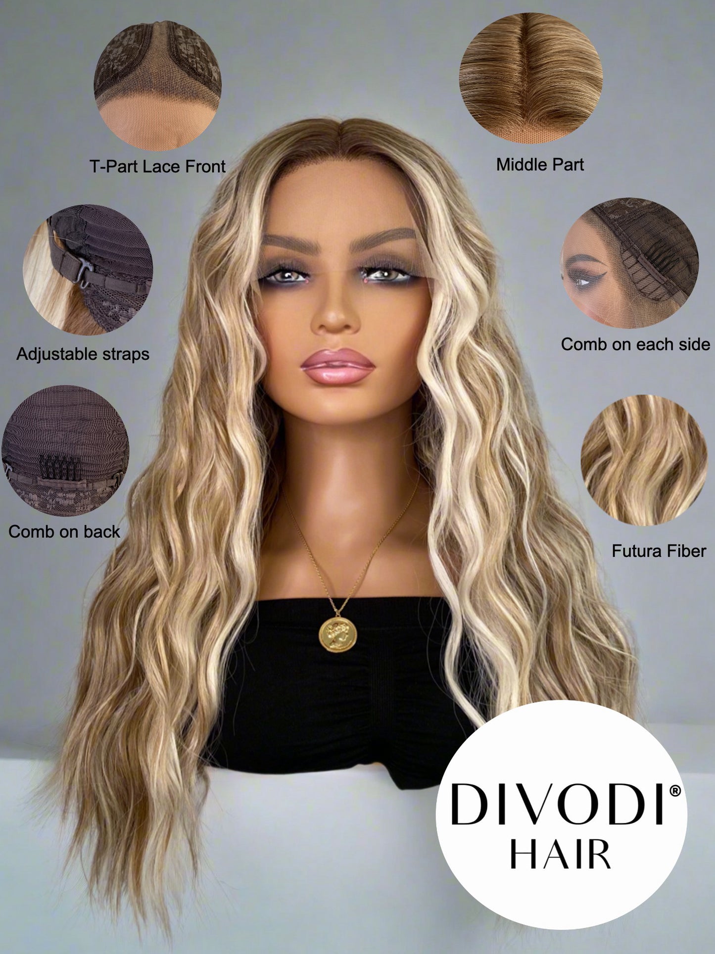 Calypso-Ombre Brown/Blonde Highlights-Futura Fiber-T-Part Lace Front Wig