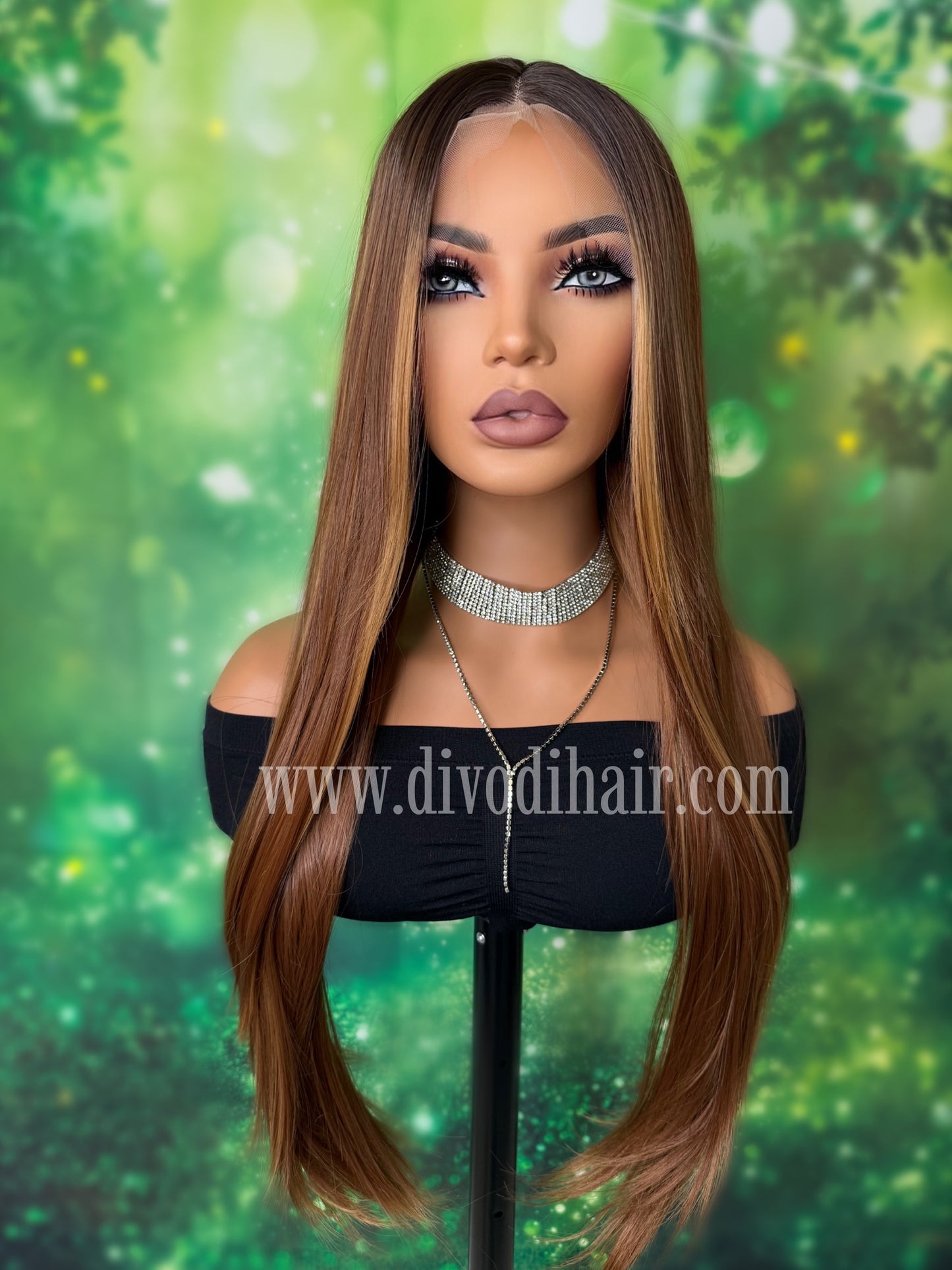 Long Brown Rooted Wig with Highlights-(13x3) Lace Front-DH328