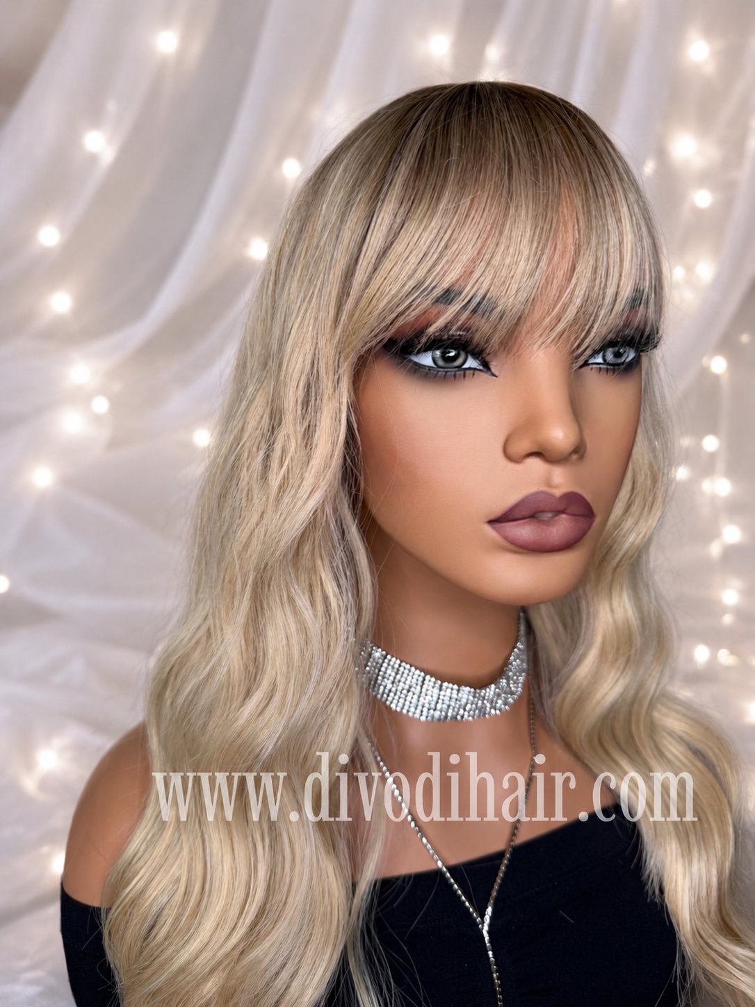 Ombre Blonde Wavy Wig with Bangs-DH340