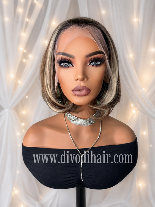 Rooted Brown Wig & Highlights – Heat Resistant Synthetic Fiber-DH342