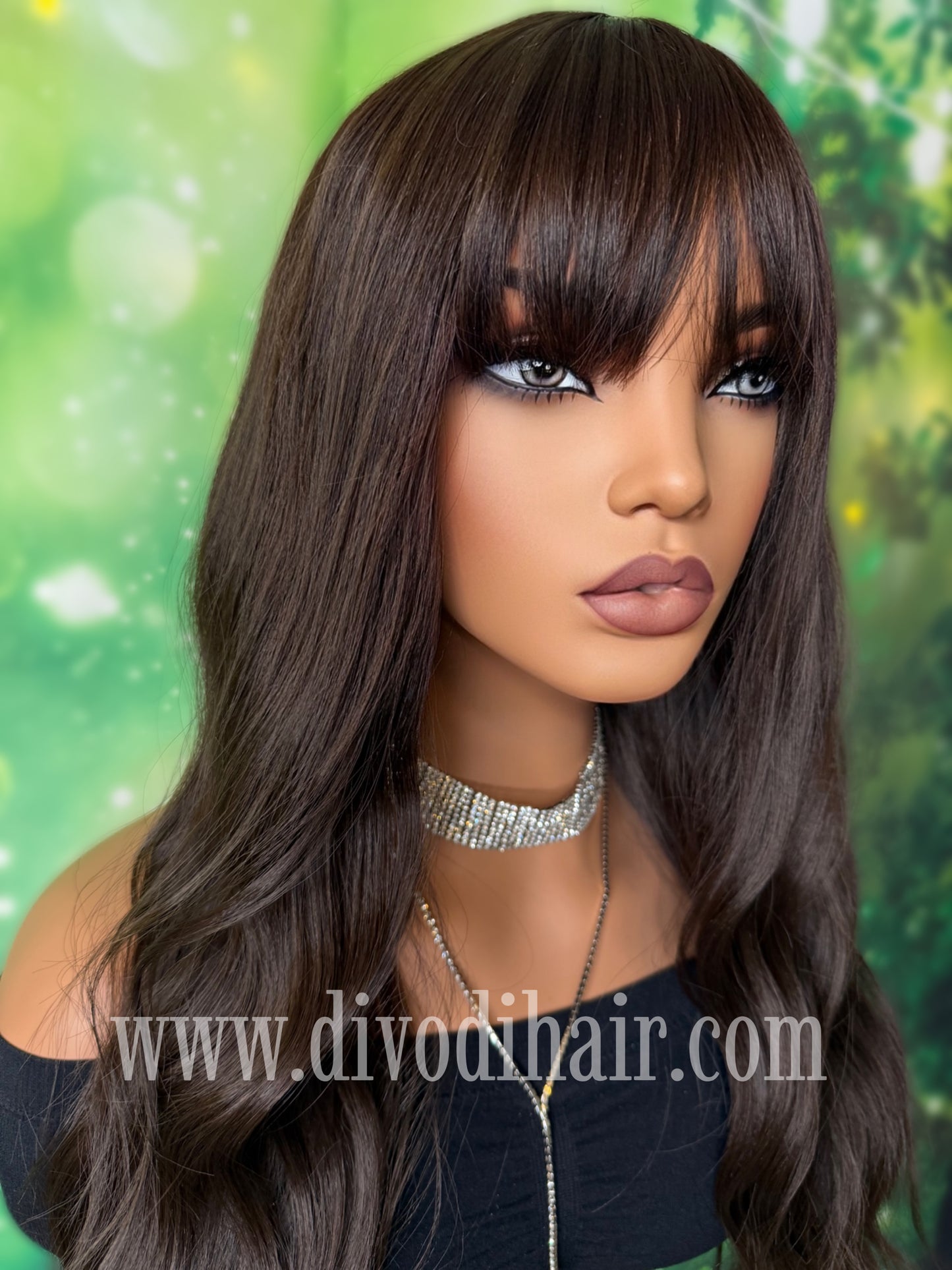 Brown Wavy Wig with Bangs-DH334
