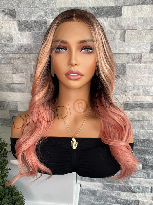 Coralie-Ombre Coral Pink/Brown Blend Futura Fiber (13x4) Lace Front Wig